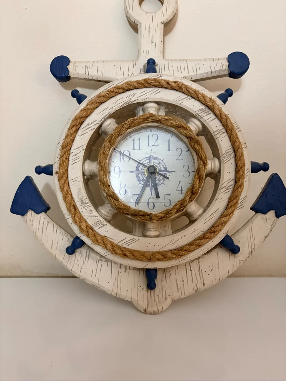 La Crosse Nautical Anchor Ship Wheel Wall Clock Coastal Beach Decor White Blue